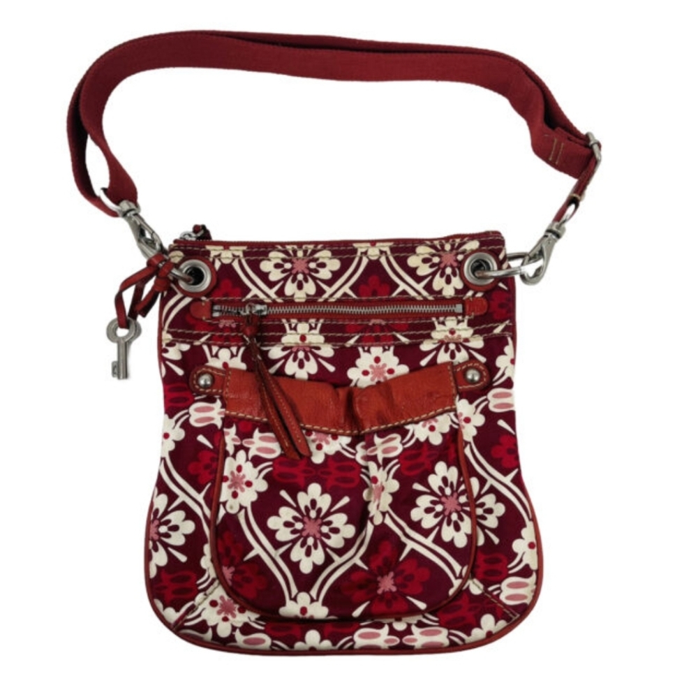 Fossil red/white floral crossbody bag.